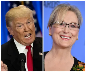 Donald Trump speaking at a podium; Meryl Streep smiling at an event.