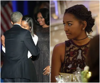 Sasha embraces Barack, with Michelle smiling beside them; Sasha in elegant attire sits thoughtfully.