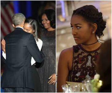 Sasha embraces Barack, with Michelle smiling beside them; Sasha in elegant attire sits thoughtfully.