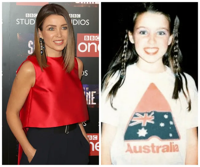 Two images: Left shows a woman in a red dress at a BBC event; right shows a young girl in an "Australia" shirt.