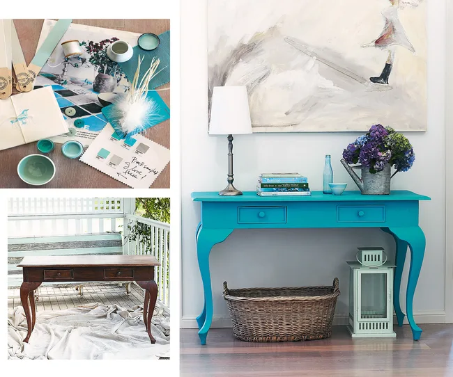 Bold turquoise painted table with books, a lamp, and flowers. Includes color samples and before/after shots.