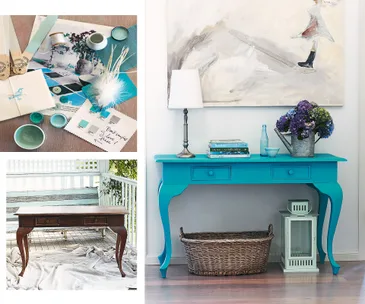 Bold turquoise painted table with books, a lamp, and flowers. Includes color samples and before/after shots.