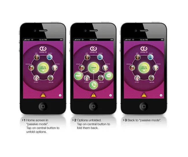 Three smartphones displaying the Circle6 app interface in different modes with contacts and options.