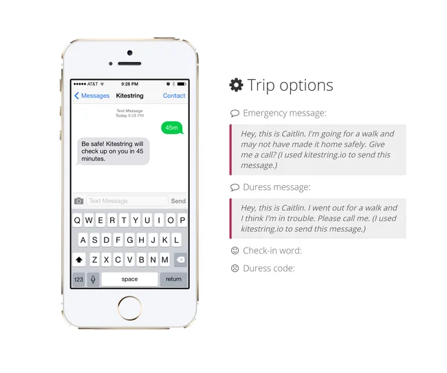 Text messages on a smartphone using Kitestring app for safety check-ins, with emergency and duress message options displayed.
