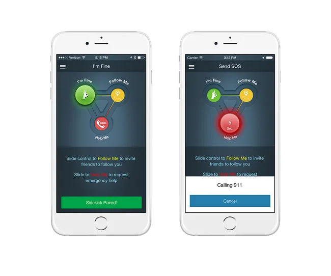 Two smartphones showing safety app screens with options: "I'm Fine," "Follow Me," and "Help Me" for emergencies.