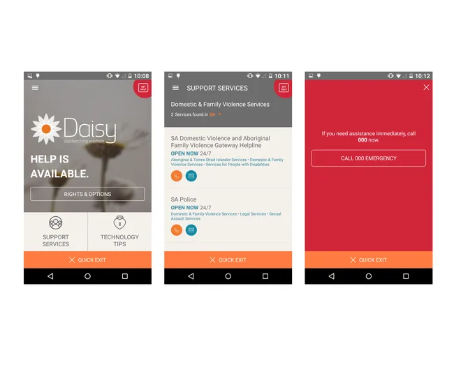 Three screenshots of the Daisy app showing support services and emergency contact options for domestic violence.