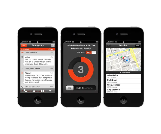 Three smartphones displaying an emergency alert app with chat, countdown, and map screens.