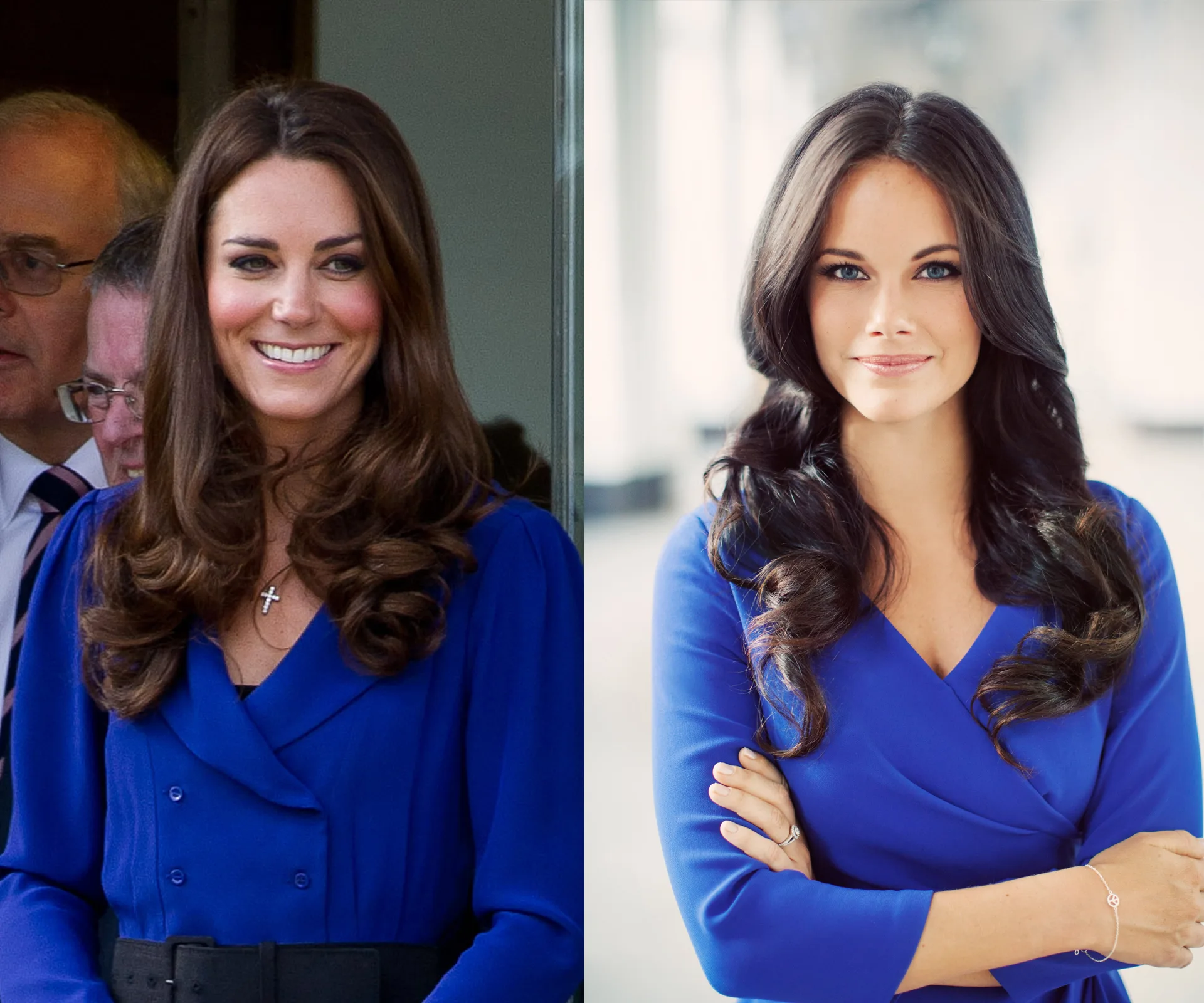 Two women in similar blue dresses, smiling side by side, showcasing elegant hairstyles and jewelry.