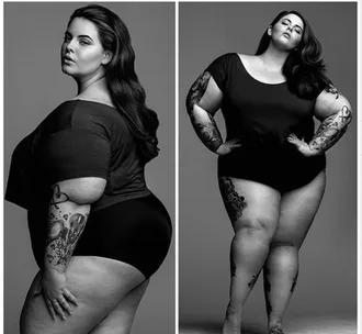 Two black and white photos of a woman posing confidently in a black outfit, showcasing tattoos on her arms and legs.
