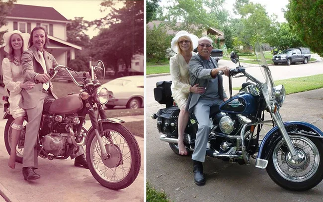 A couple on a motorcycle on their wedding day, first in vintage attire, then in modern outfits, recreating the scene.