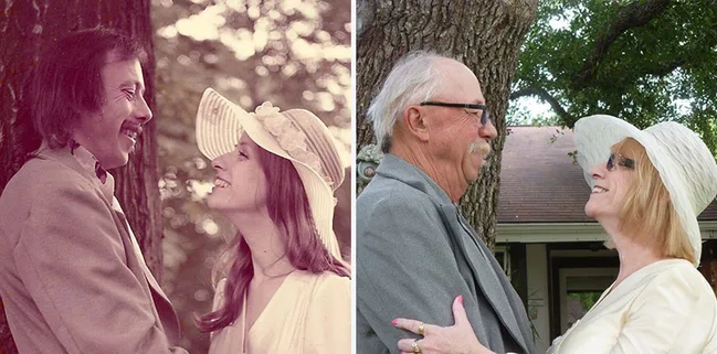 Two photos of a couple by a tree; one from the past, and the other in the present, both wearing hats.