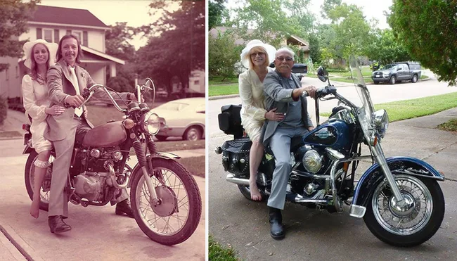 A couple recreates a wedding photo on a motorcycle, showing then and now comparison.