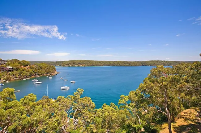 A scenic view of a bay with sailboats, surrounded by lush green trees under a clear blue sky.
