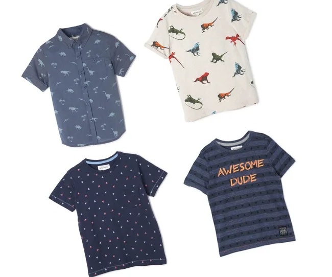 Kids' t-shirts featuring dinosaurs, abstract prints, and "Awesome Dude" text on navy and grey backgrounds.