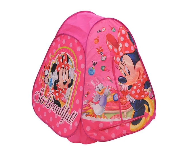 Pink play tent featuring Minnie Mouse and Daisy Duck, with polka dots and "So Beautiful!" text.