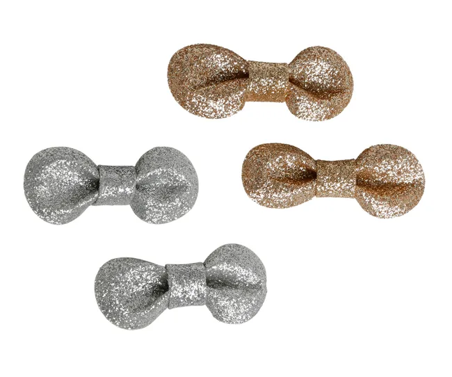 Four glittery hair bow clips, two gold and two silver, arranged on a white background.