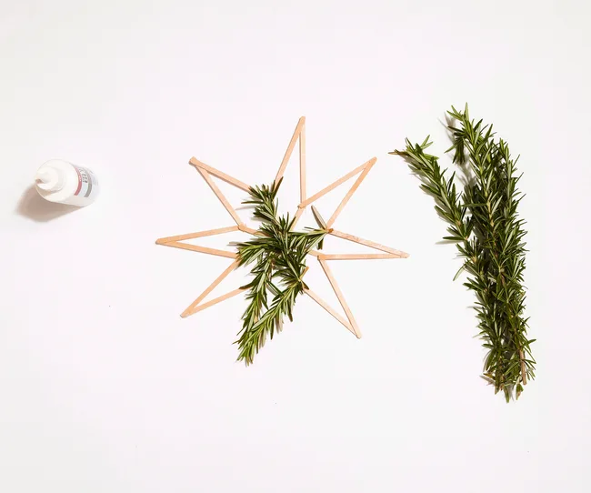 Popsicle stick star with rosemary sprigs, glue bottle on white background.