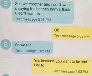 Text messages between two people discussing their relationship status.