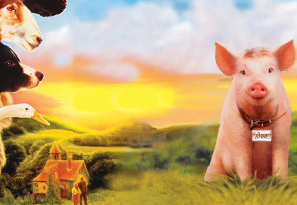 Babe the pig stands smiling in a scenic countryside with farm animals and a glowing sunset sky in the background.