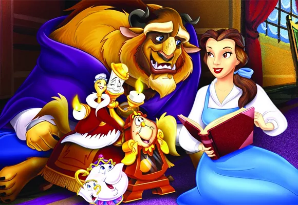 Belle reading to Beast and enchanted objects in a cozy room from "Beauty and the Beast."