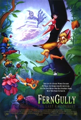 Animated "FernGully: The Last Rainforest" movie poster with fairies, a magical forest, and characters flying.