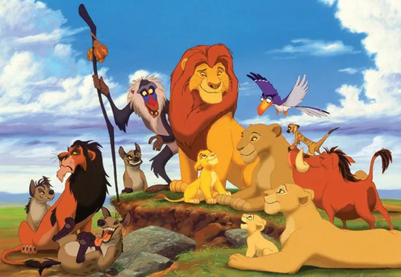Characters from "The Lion King" gathered on Pride Rock, including Simba, Mufasa, Rafiki, and others, under a blue sky.