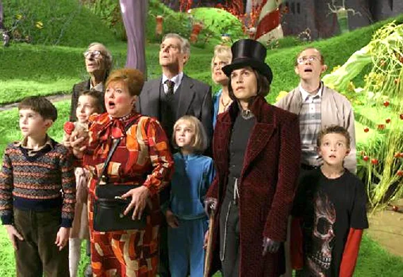 Group of adults and children in colorful outfits looking up in a whimsical, green, and surreal landscape.