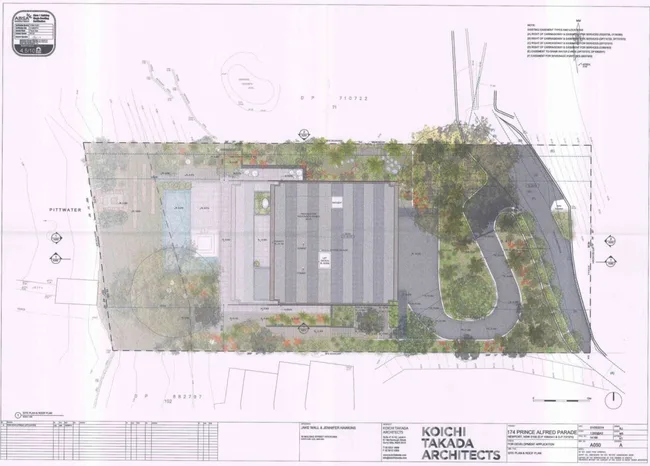 Architectural site plan by Koichi Takada Architects, featuring building layout and landscaping details.
