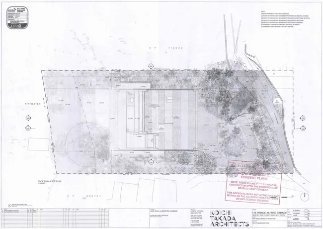 Architectural blueprint of a site plan with labels and measurements, created by Koichi Takada Architects.