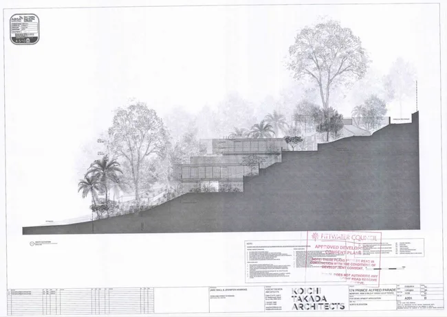 Architectural elevation drawing of a hillside property with trees and detailed structural elements.