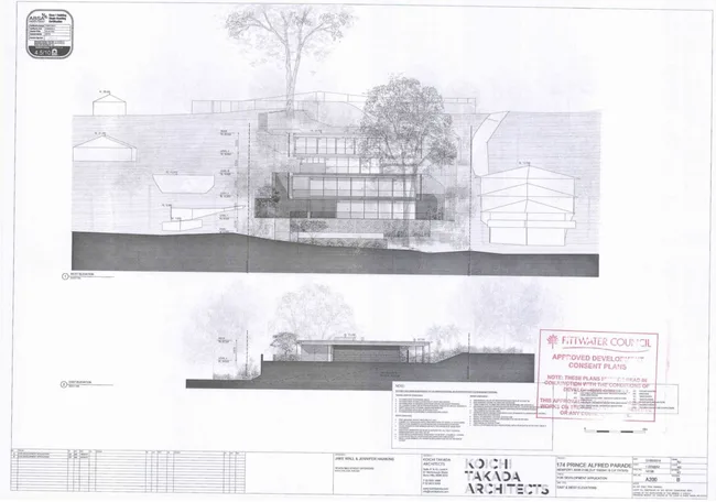 Architectural plans showing west and east elevations of a modern building designed by Koichi Takada Architects.