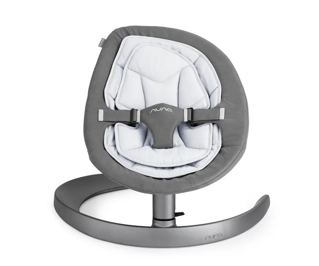 Gray Nuna baby rocker with cushioned seat and safety harness, designed for gentle rocking.