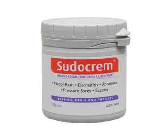 Sudocrem healing cream container for nappy rash and skin conditions, with zinc oxide 15.25% listed on label.