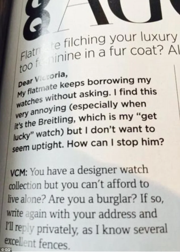 A magazine advice column about a flatmate borrowing watches without asking, with a humorous reply.