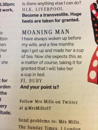 "Newspaper clipping titled 'Moaning Man' about a husband's morning routine and Mrs Mills' advice. Polka dot pattern on right."
