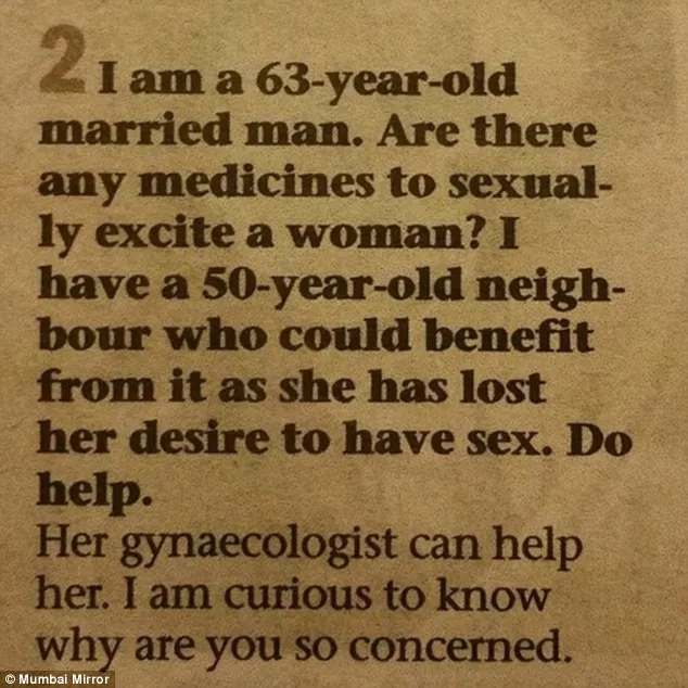 Advice column snippet discussing a man's query about medicine to increase a woman's sexual desire.