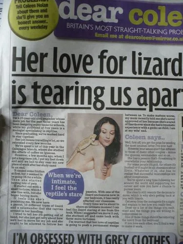 A woman with dark hair poses with a lizard on her shoulder, featured in a newspaper advice column.
