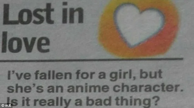 Newspaper clipping titled "Lost in Love" with text about falling for an anime character.