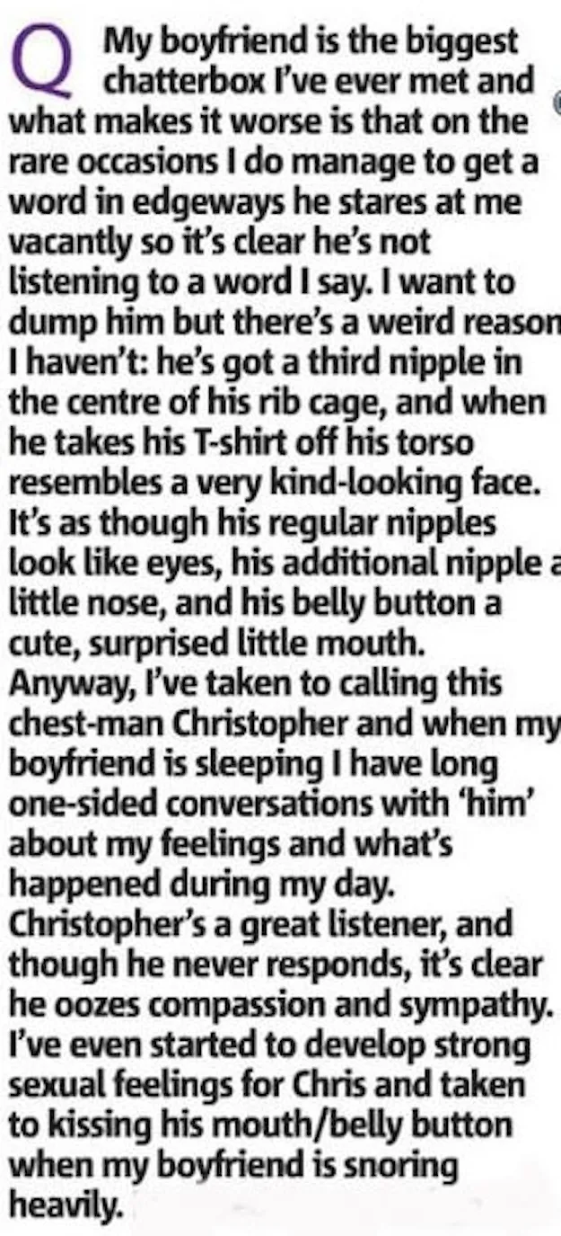 Text excerpt describing a boyfriend with a third nipple, humorously named Christopher, resembling a face.