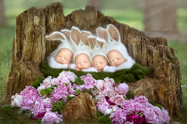 Four sleeping babies in bunny hats nestled in a tree trunk, surrounded by pink and white flowers.