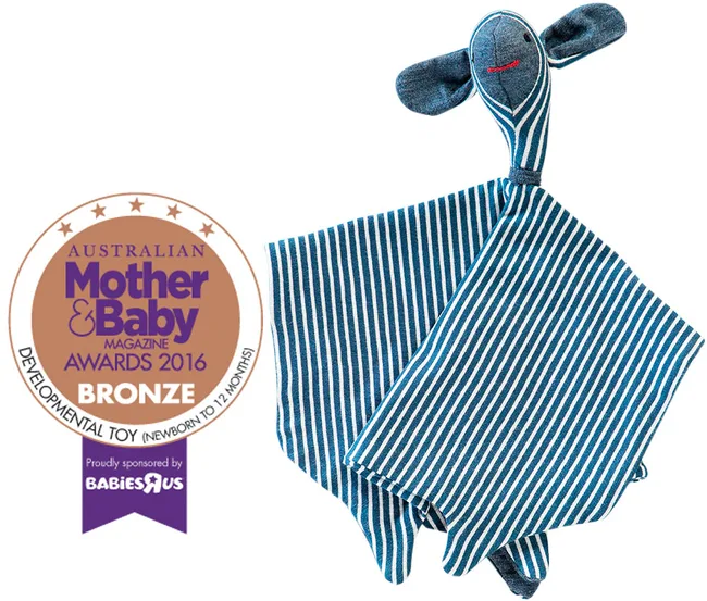Striped toy blanket with stuffed head next to "Mother & Baby Magazine Awards 2016" bronze badge.