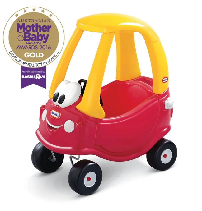 Toy car with a smiling face and yellow roof, awarded as best developmental toy by Australian Mother & Baby Magazine 2016.