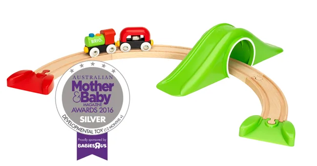 Toy train on wooden tracks with a green tunnel, awarded silver in 2016 for development by Australian Mother & Baby magazine.