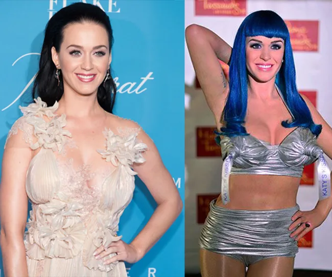 Two images of a woman: one in a floral dress with dark hair, the other in a silver outfit with blue wig.