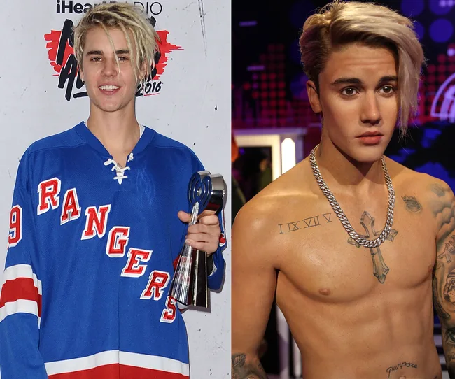 A person in a Rangers jersey holds an award; a shirtless wax figure with tattoos displayed.