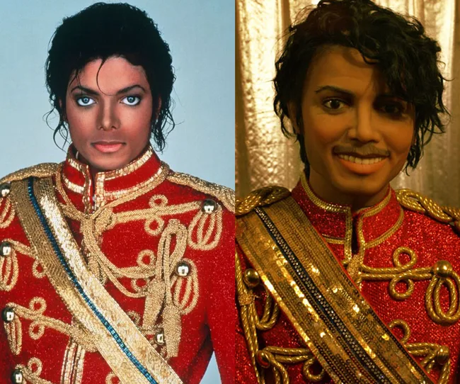 "Side-by-side image of a man in a red and gold military-style jacket and a wax figure in similar attire."