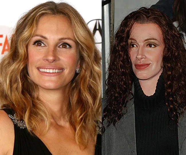 Two images side by side: one of a woman smiling with wavy hair, the other a wax figure with curly hair.