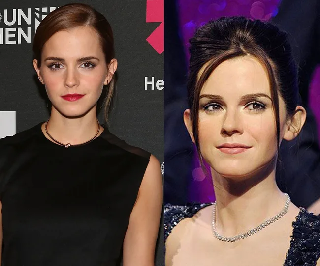 Two images of a woman with brown hair: one wearing black with a high-neck chain, the other in an elegant dress.
