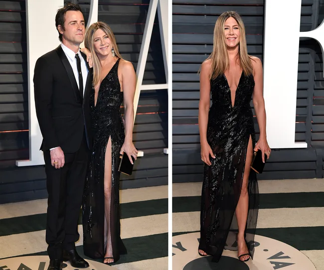 Man in a black suit with a woman in a black gown at a formal event. Woman poses solo on the right.