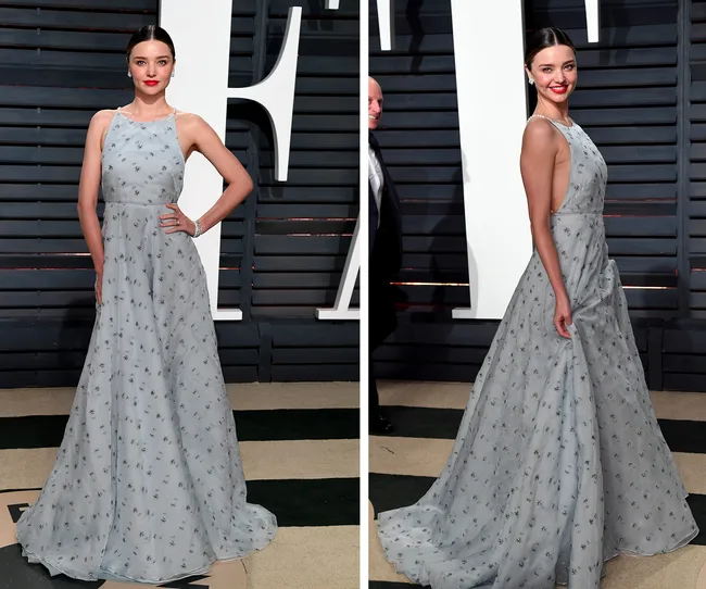 Two images of a woman in a gray gown with floral patterns, posing on a red carpet.